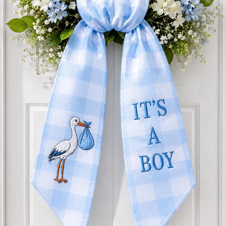 Embroidered It's a Boy Baby Gingham Wreath Sash, Custom Baby Announcement Ribbon Bow, Newborn Chair Sash Decor