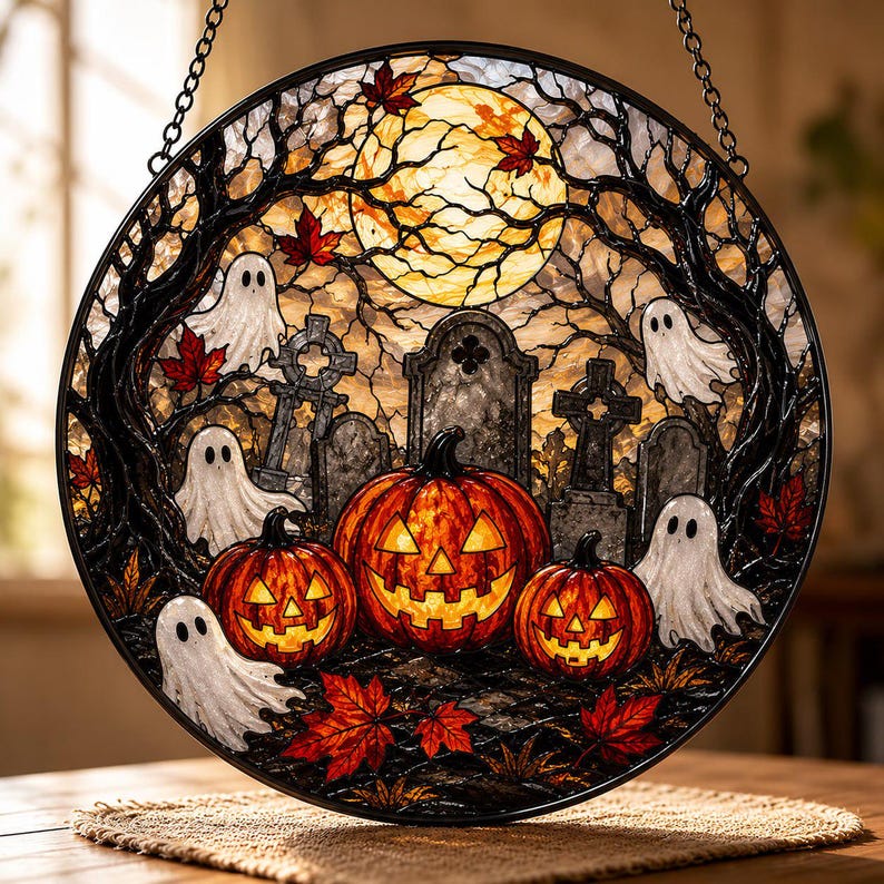 Ghost Pumpkin Glass Suncatcher, Halloween Window Hanging, Spooky Cute Fall Decor, Gift for Halloween Lovers