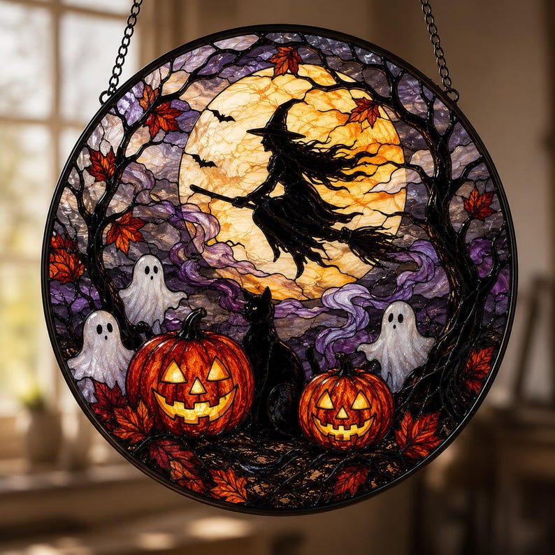 Ghost Pumpkin Glass Suncatcher, Halloween Window Hanging, Spooky Cute Fall Decor, Gift for Halloween Lovers