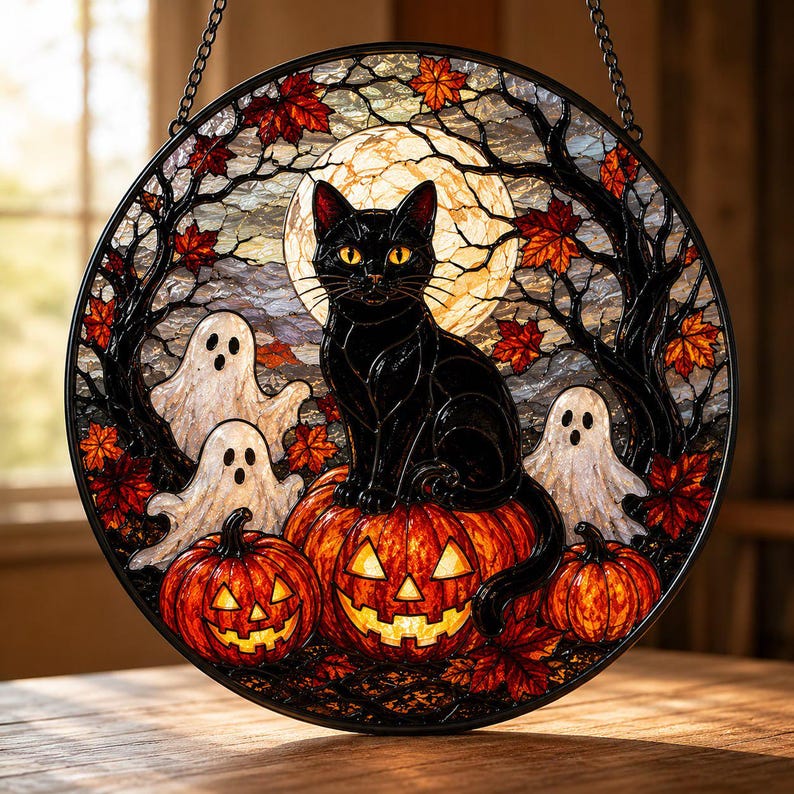 Ghost Pumpkin Glass Suncatcher, Halloween Window Hanging, Spooky Cute Fall Decor, Gift for Halloween Lovers