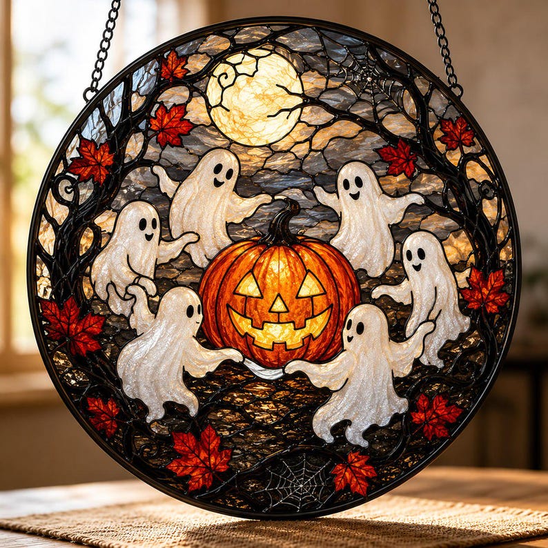 Ghost Pumpkin Glass Suncatcher, Halloween Window Hanging, Spooky Cute Fall Decor, Gift for Halloween Lovers