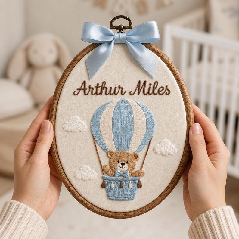 Embroidered Personalized Bear Name Hoop, Custom Hot Air Balloon Nursery Sign, Nursery Announcement Gift