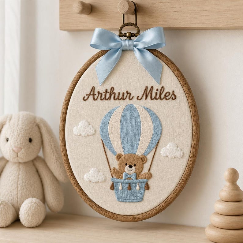 Embroidered Personalized Bear Name Hoop, Custom Hot Air Balloon Nursery Sign, Nursery Announcement Gift