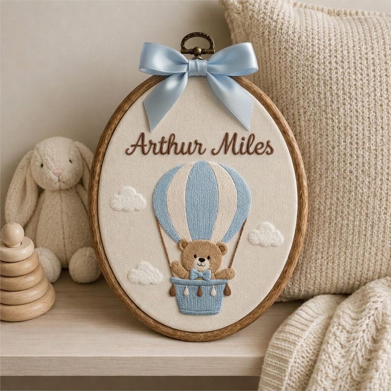 Embroidered Personalized Bear Name Hoop, Custom Hot Air Balloon Nursery Sign, Nursery Announcement Gift