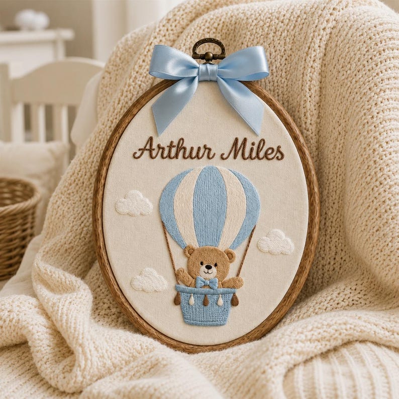 Embroidered Personalized Bear Name Hoop, Custom Hot Air Balloon Nursery Sign, Nursery Announcement Gift