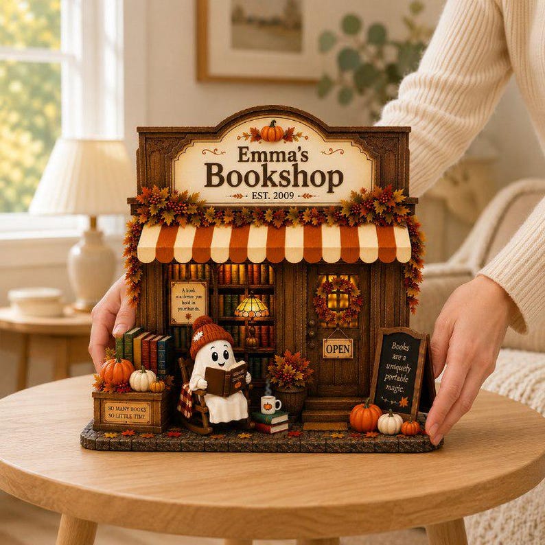 Personalized Reading Ghost Bookshop Wood Sign, Custom Miniature Fall Bookstore Shelf Display, Cozy Reading Nook Decor