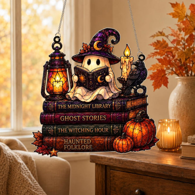 Ghost Reading Book Acrylic Suncatcher, Cat Halloween Window Hanging