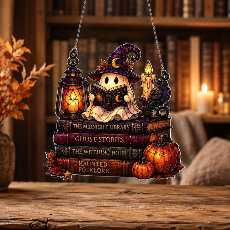 Ghost Reading Book Acrylic Suncatcher, Cat Halloween Window Hanging