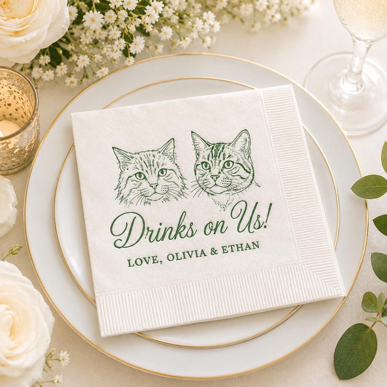 Custom Cat Portrait Cocktail Napkins, Personalized Wedding Beverage Napkins