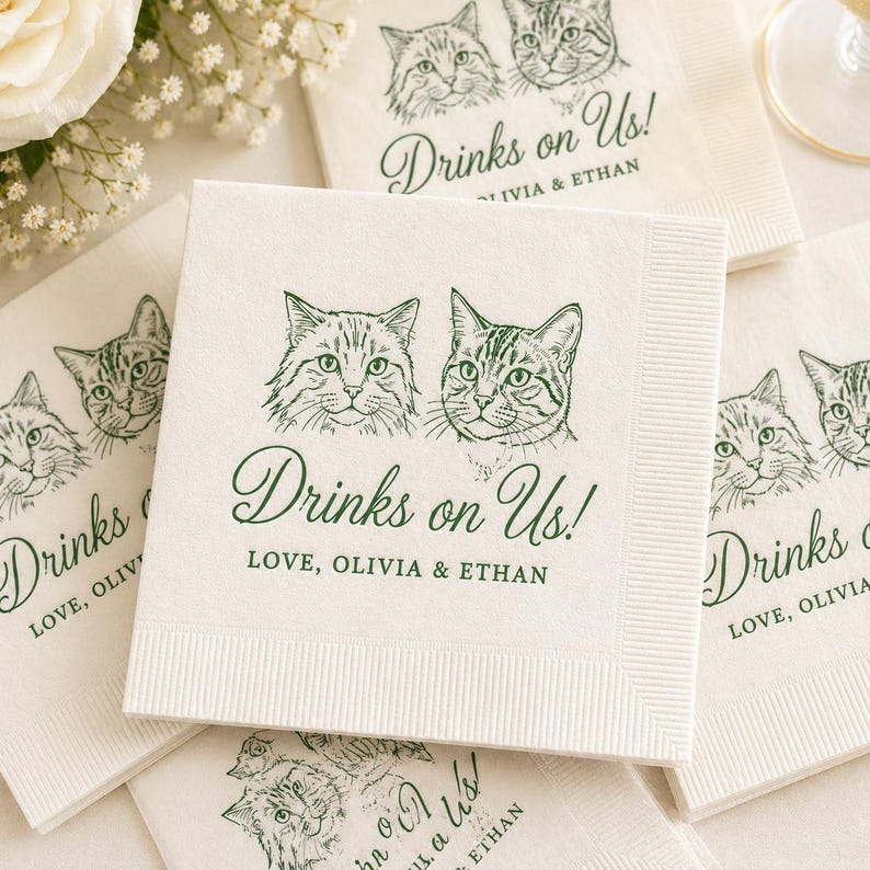 Custom Cat Portrait Cocktail Napkins, Personalized Wedding Beverage Napkins