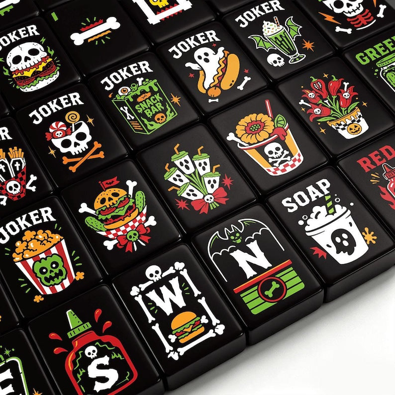 Halloween Mahjong Set, Single Layer, Skull Diner Acrylic Mahjong Tiles, Spooky Mahjong Gift