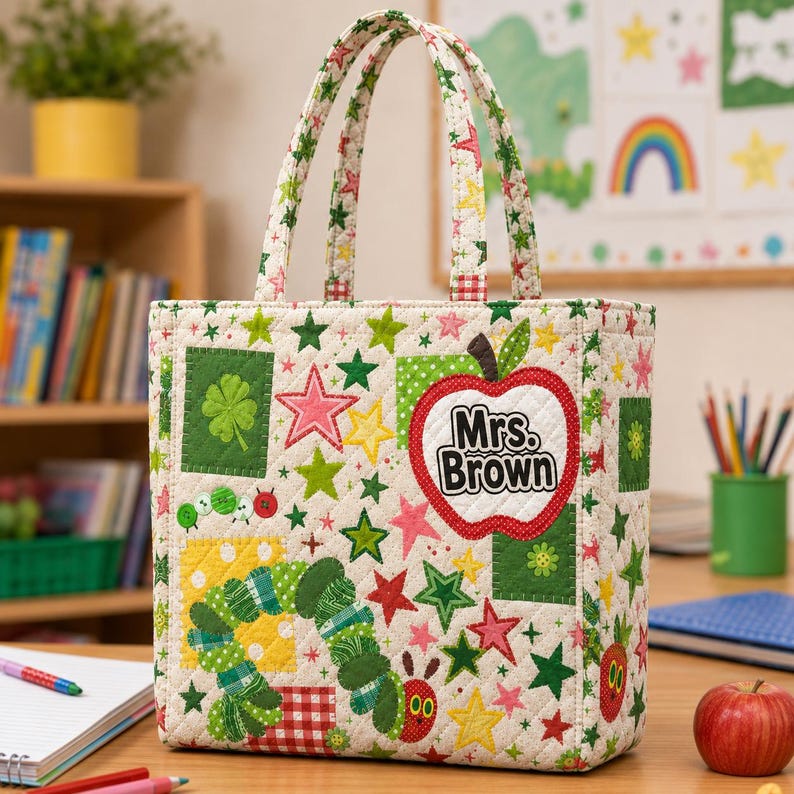 Personalized Caterpillar Teacher Quilted Tote Bag, Custom Name Apple Teacher Bag, Back To School Tote, Cute Classroom Gift