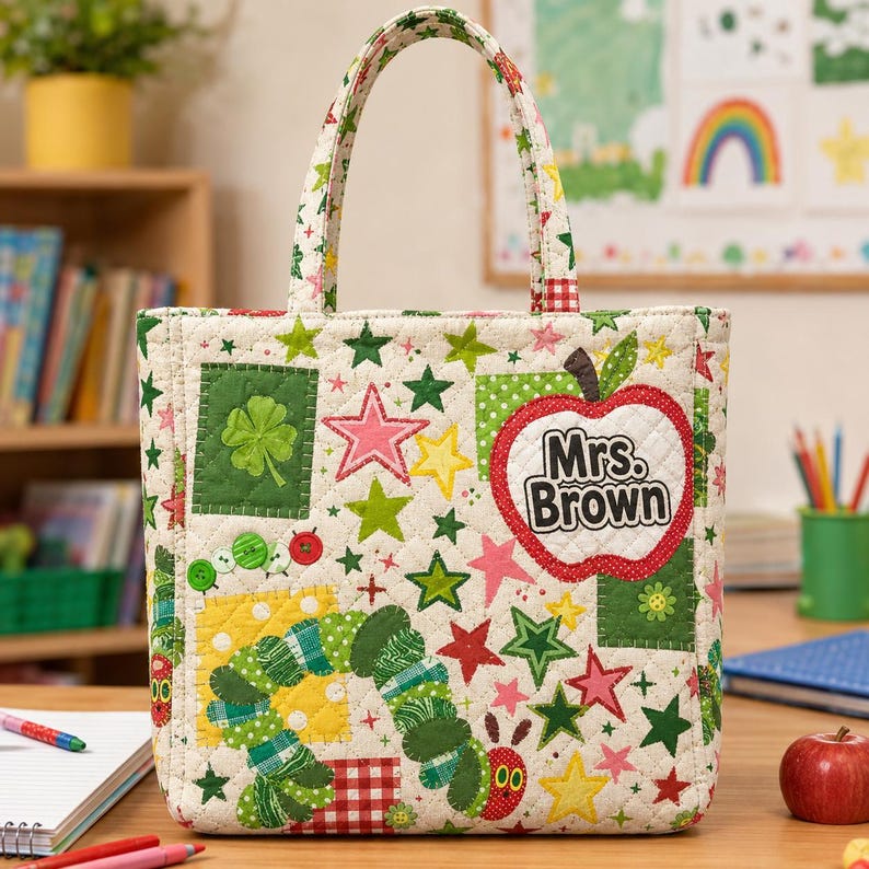 Personalized Caterpillar Teacher Quilted Tote Bag, Custom Name Apple Teacher Bag, Back To School Tote, Cute Classroom Gift