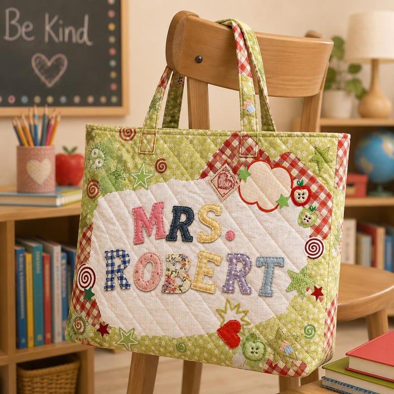 Personalized Teacher Quilted Tote Bag, Custom Name Patchwork Print Tote, Back To School Teacher Gift
