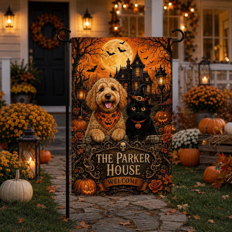 Custom Halloween Garden Flag, Personalized Pet Porch Decor With Dog Cat Haunted Mansion Design, Family Name Yard Welcome Sign