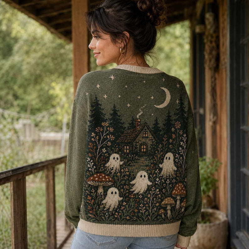 Forest Ghost Cardigan, Vintage Mushroom and Oak Leaf Artwork, Whimsigoth Cottagecore Sweater for Spooky Autumn