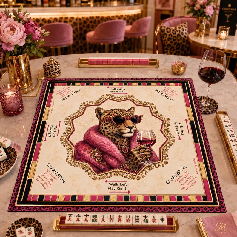 Pink Luxe Leopard Mahjong Mat, Leopard Glam with Rules, Ladies Game Night Hostess, Gift for Her