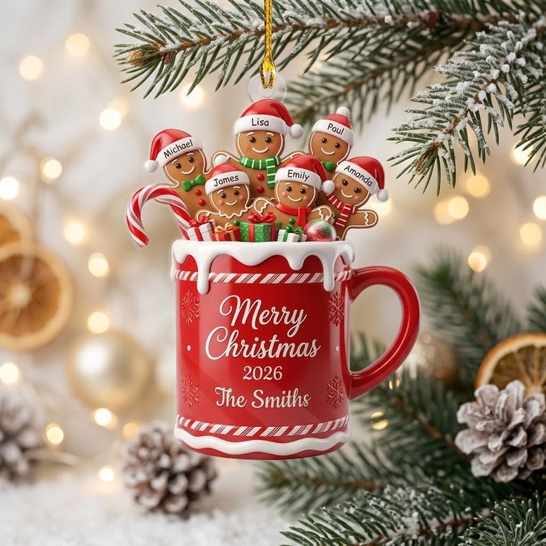 Personalized Gingerbread Family Ornament, Custom Christmas Mug Keepsake, Grandkids Gift