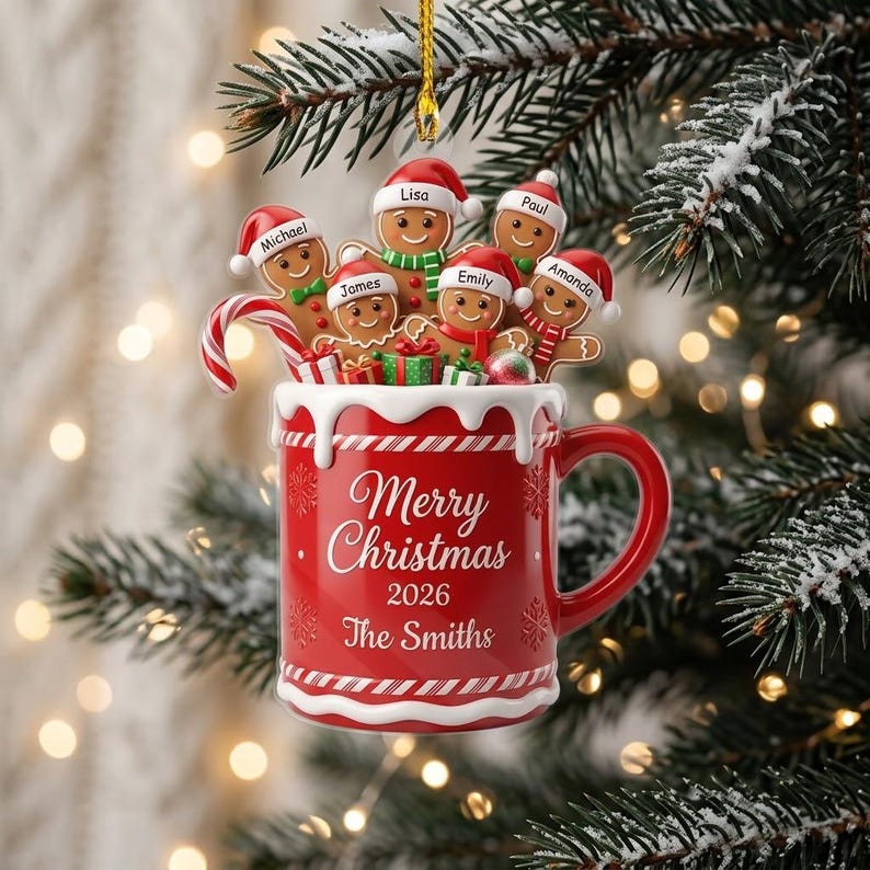 Personalized Gingerbread Family Ornament, Custom Christmas Mug Keepsake, Grandkids Gift