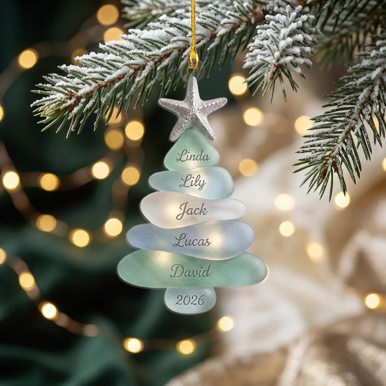 Personalized Sea Glass Tree Ornament, Coastal Family Christmas Keepsake, Beach Holiday Decor