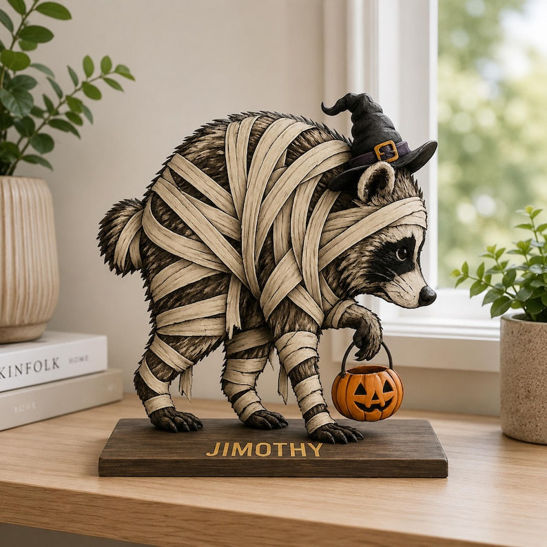 Personalized Jimothy Raccoon Halloween Wood Sign, Seattle Raccoon Desk Decor, Viral Raccoon Meme Gift