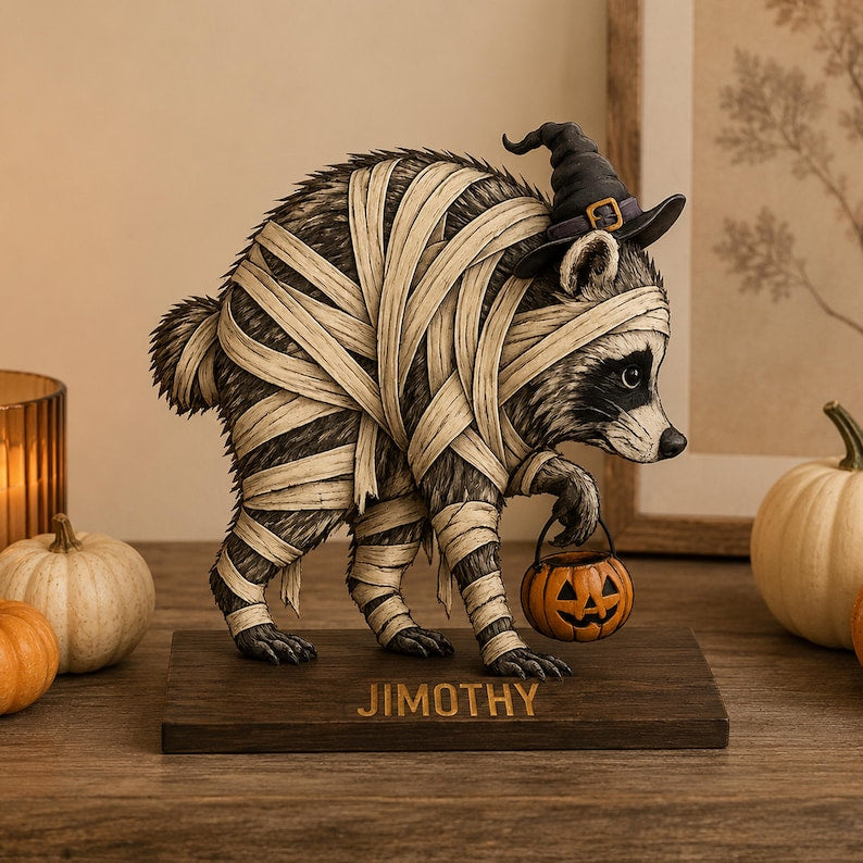 Personalized Jimothy Raccoon Halloween Wood Sign, Seattle Raccoon Desk Decor, Viral Raccoon Meme Gift