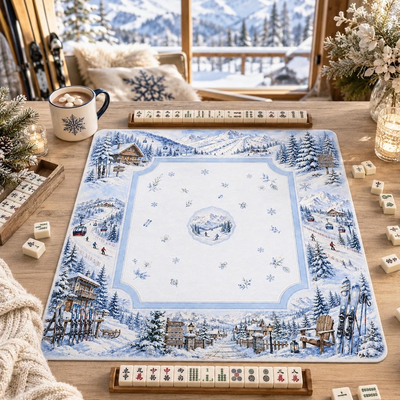 Luxury Ski Lodge Mahjong Mat, Cozy Blue Snowy Mountain Winter Game Mat, Apres Ski Hostess Gift