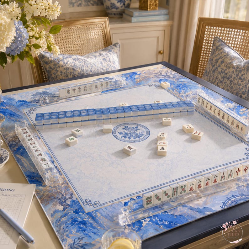 Blue Mountain Chinoiserie Mahjong Mat, American Mahjong Mat, Asian Landscape Garden, Pagoda Floral Mahjong Gift