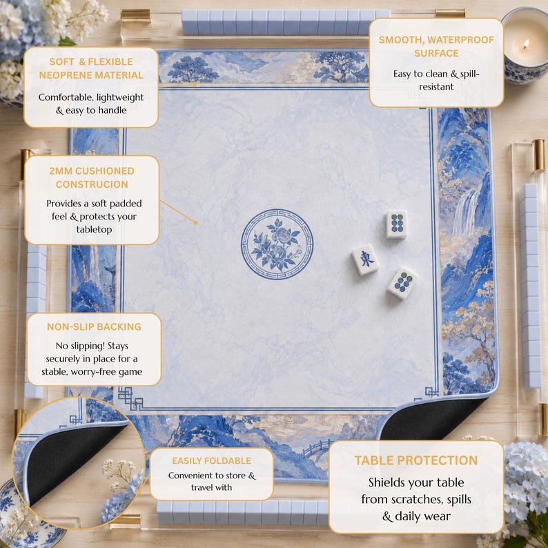 Blue Mountain Chinoiserie Mahjong Mat, American Mahjong Mat, Asian Landscape Garden, Pagoda Floral Mahjong Gift
