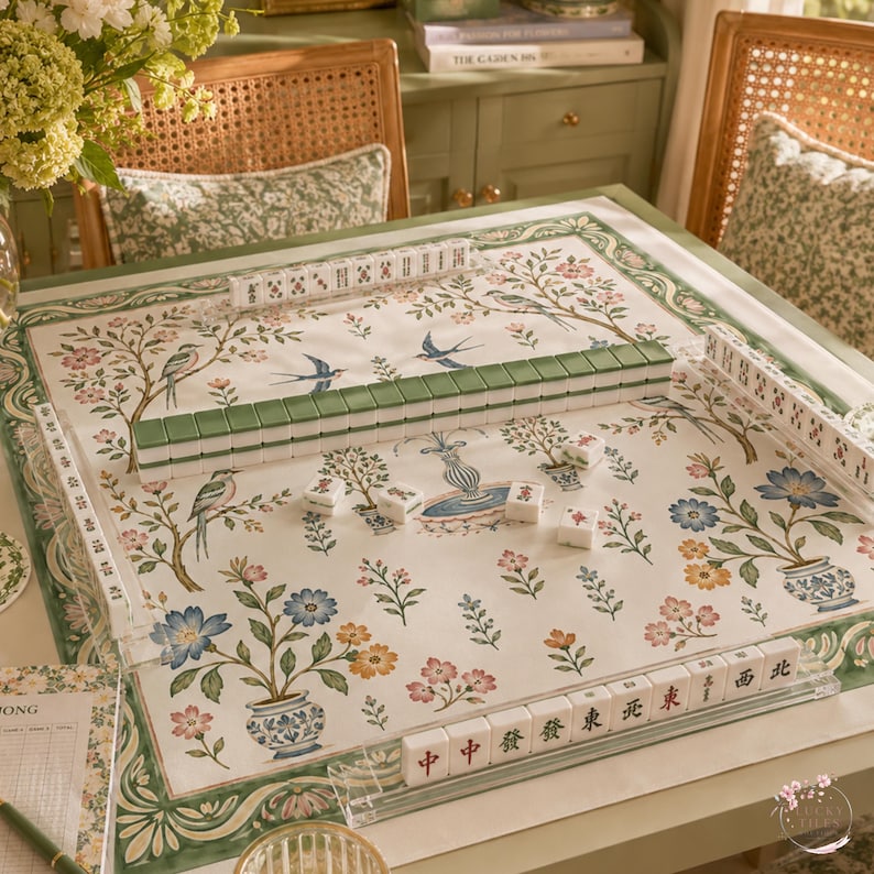 Botanical Bird Garden Mahjong Mat, American Mahjong Mat, Chinoiserie Floral Fountain, Sage Green Grandmillennial Gift