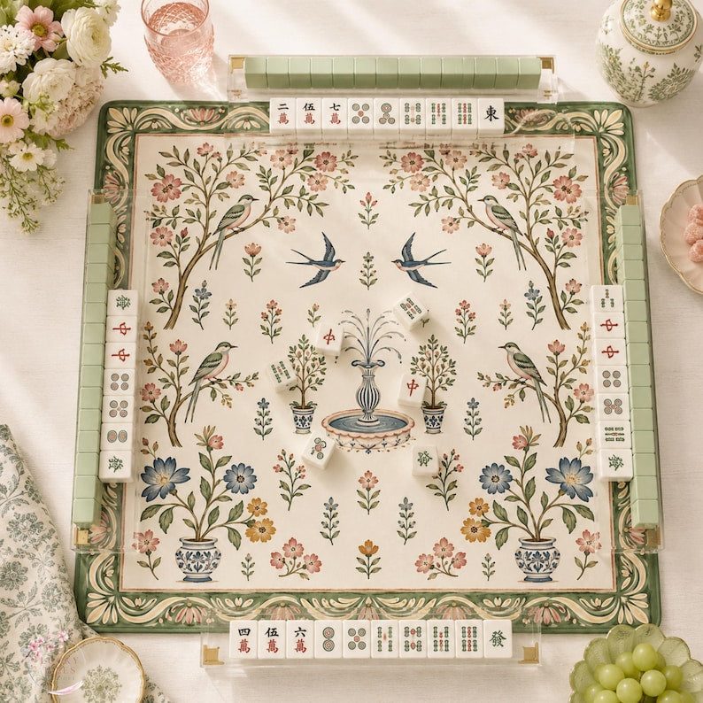 Botanical Bird Garden Mahjong Mat, American Mahjong Mat, Chinoiserie Floral Fountain, Sage Green Grandmillennial Gift