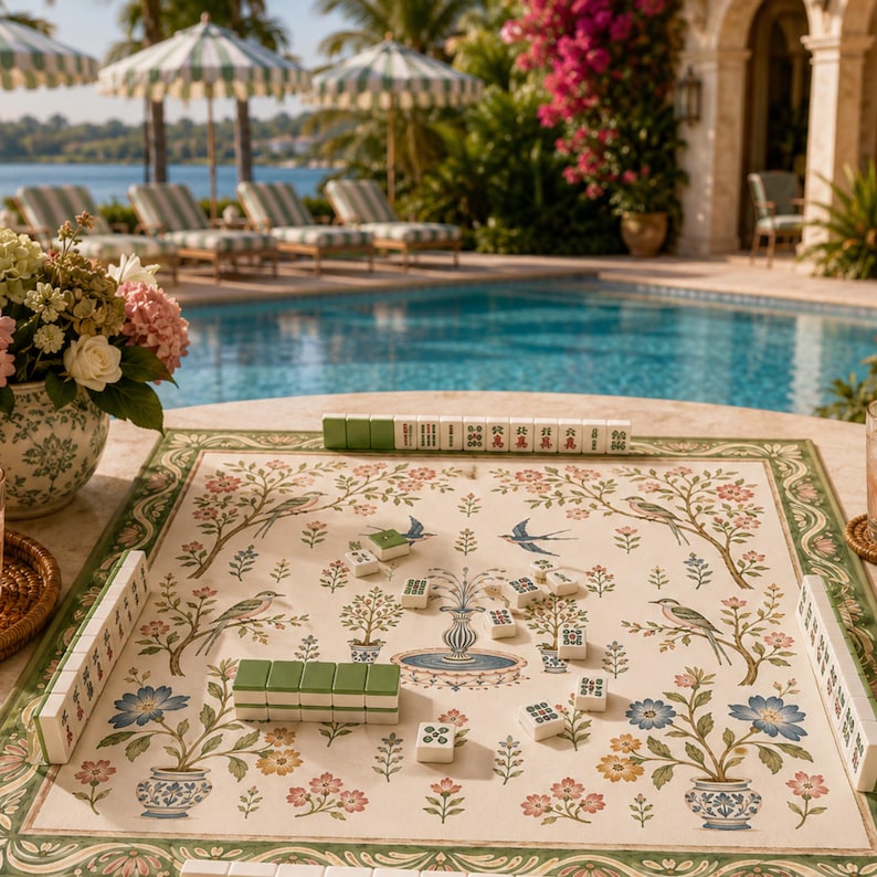 Botanical Bird Garden Mahjong Mat, American Mahjong Mat, Chinoiserie Floral Fountain, Sage Green Grandmillennial Gift