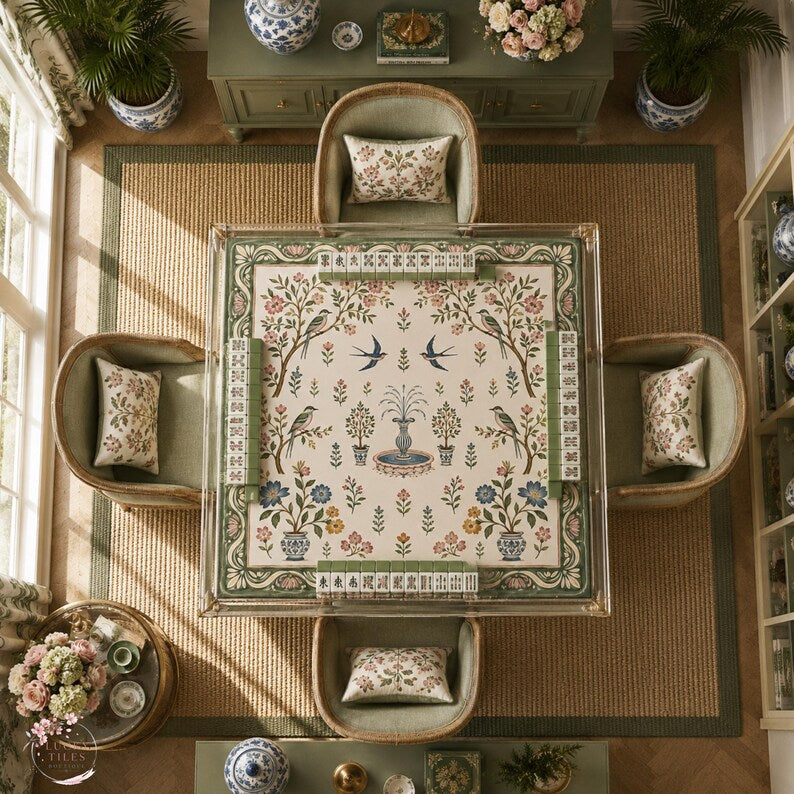 Botanical Bird Garden Mahjong Mat, American Mahjong Mat, Chinoiserie Floral Fountain, Sage Green Grandmillennial Gift