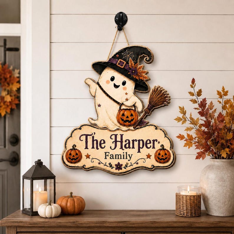 Personalized Halloween Ghost Door Hanger, Custom Family Name Wood Sign Fall Porch Decor Gift
