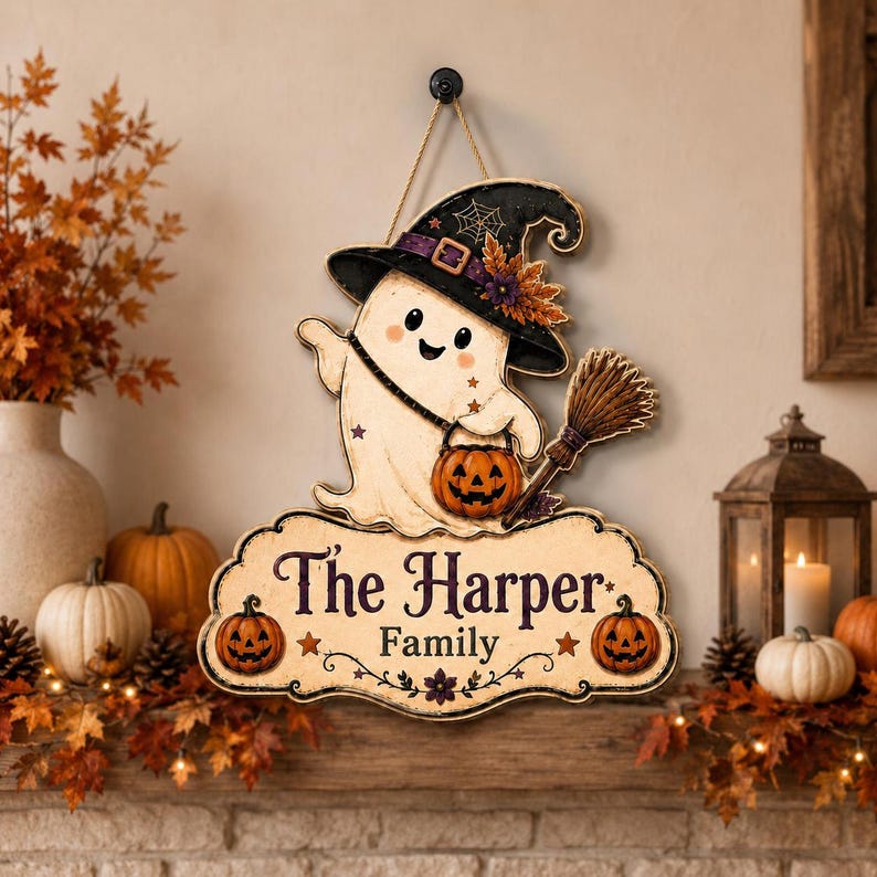 Personalized Halloween Ghost Door Hanger, Custom Family Name Wood Sign Fall Porch Decor Gift