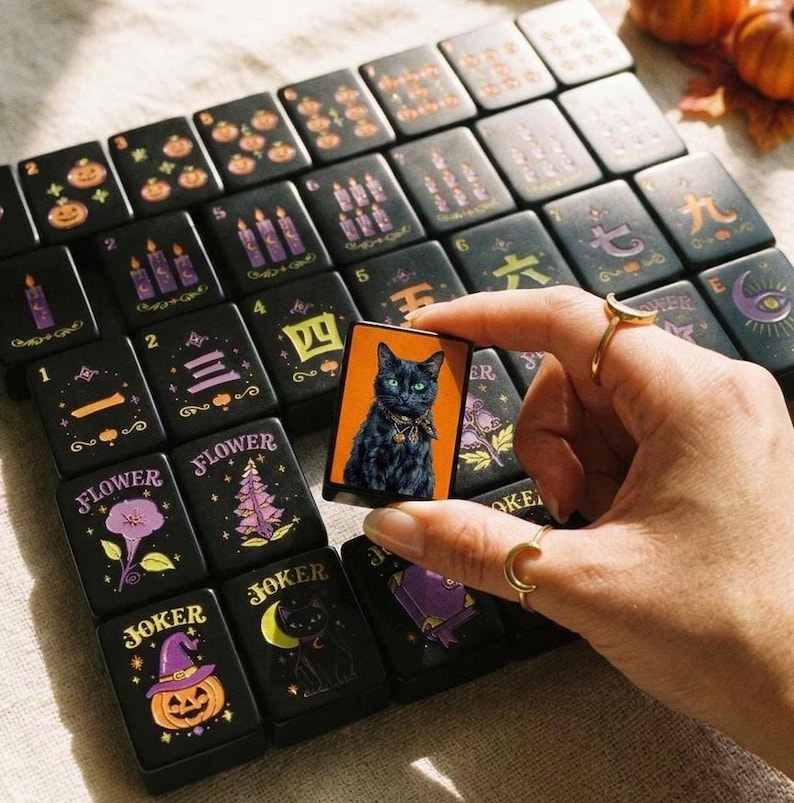 Halloween Classic Mahjong Set, Halloween Mahjong Tiles With Custom Back Design, 4 Back Options