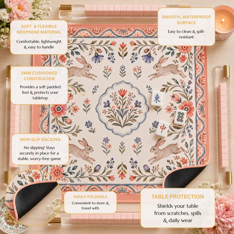 Bunny Floral Garden Mahjong Mat, American Mahjong Mat, Pink Cottagecore Rabbit, Spring Botanical Mahjong Gift for Players