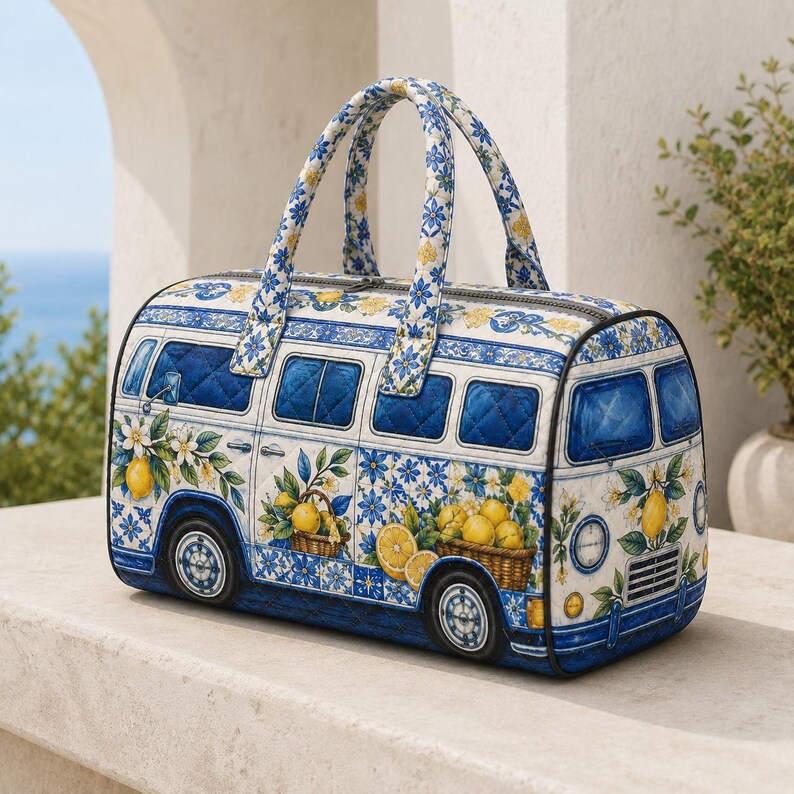Quilted Weekend Bag, Vintage Lemon Camper Van Duffel, Floral Overnight Travel Tote, Cute Birthday Gift
