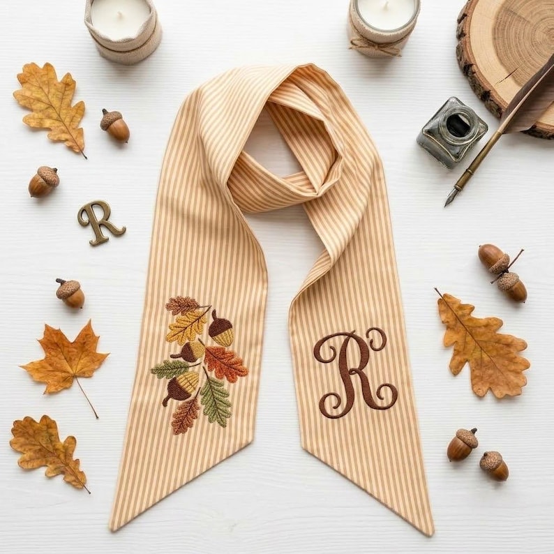 Personalized Fall Wreath Sash, Embroidered Monogram Door Hanger Bow, Autumn Acorn Leaf Wreath Ribbon