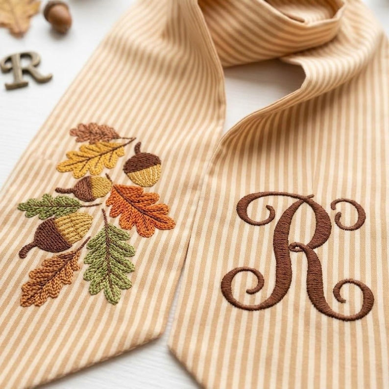 Personalized Fall Wreath Sash, Embroidered Monogram Door Hanger Bow, Autumn Acorn Leaf Wreath Ribbon