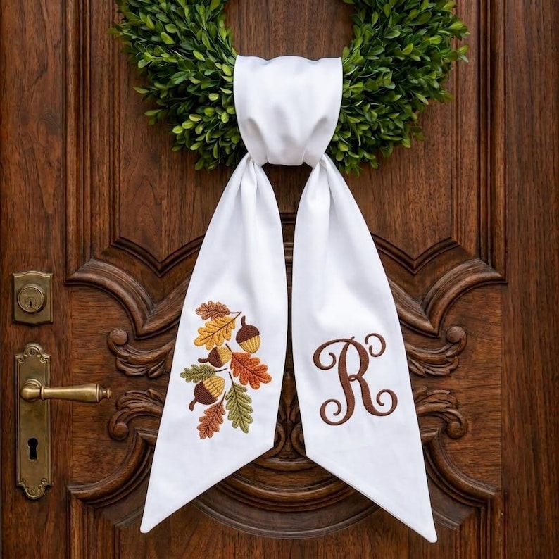 Personalized Fall Wreath Sash, Embroidered Monogram Door Hanger Bow, Autumn Acorn Leaf Wreath Ribbon