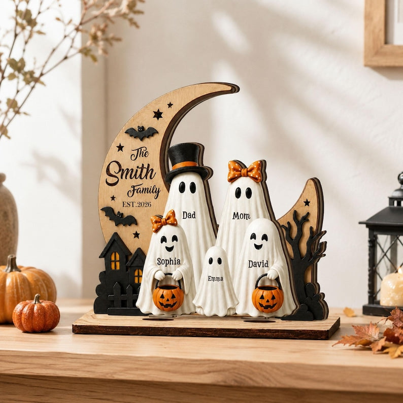 Personalized Ghost Family Layered Wooden Sign, Custom Family Name Halloween, Spooky House Decor