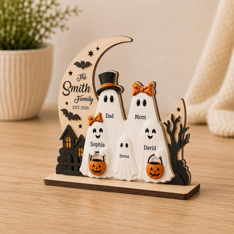 Personalized Ghost Family Layered Wooden Sign, Custom Family Name Halloween, Spooky House Decor