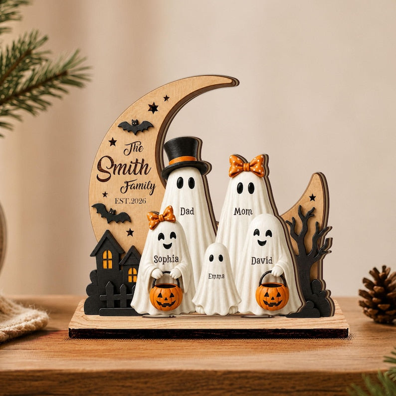 Personalized Ghost Family Layered Wooden Sign, Custom Family Name Halloween, Spooky House Decor