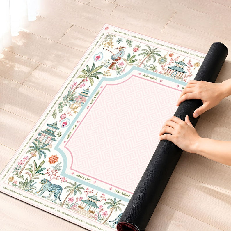 Chinoiserie Mahjong Mat, Pastel Asian Game Board, Tiger Pagoda Decor Tabletop Accessory, Unique Gaming Gift