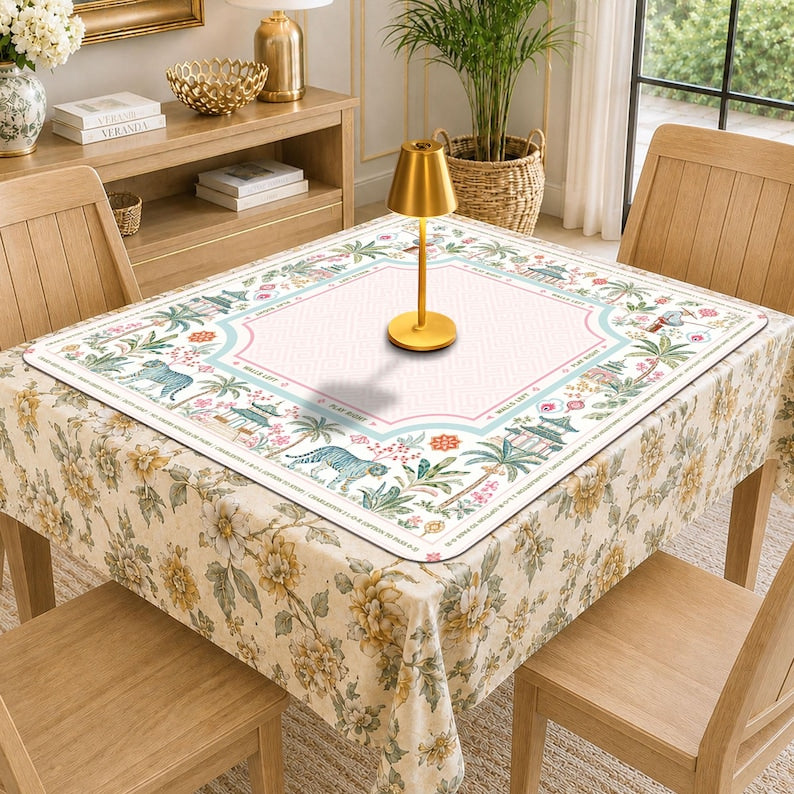 Chinoiserie Mahjong Mat, Pastel Asian Game Board, Tiger Pagoda Decor Tabletop Accessory, Unique Gaming Gift