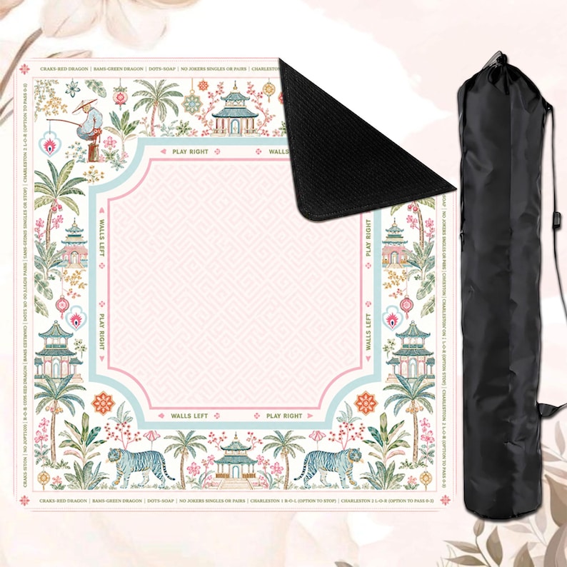 Chinoiserie Mahjong Mat, Pastel Asian Game Board, Tiger Pagoda Decor Tabletop Accessory, Unique Gaming Gift