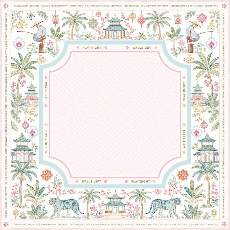 Chinoiserie Mahjong Mat, Pastel Asian Game Board, Tiger Pagoda Decor Tabletop Accessory, Unique Gaming Gift