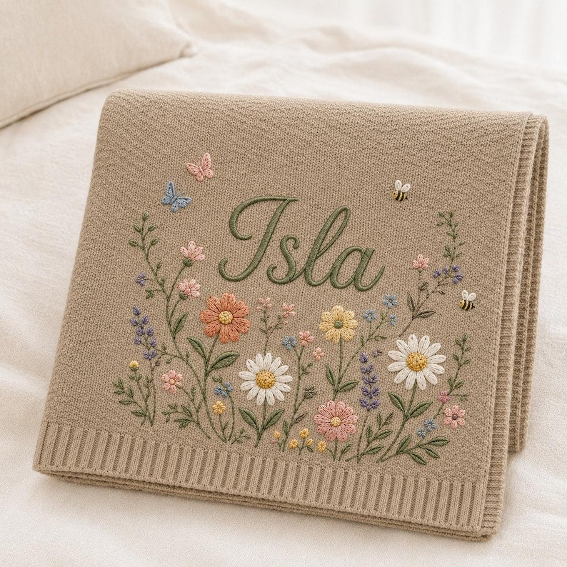 Personalized Embroidered Baby Blanket, Custom Name Floral Blanket, Wildflower Keepsake, Soft Nursery Decor, Baby Shower Gift