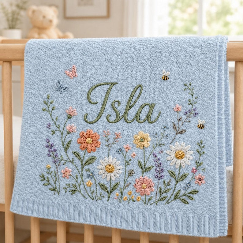 Personalized Embroidered Baby Blanket, Custom Name Floral Blanket, Wildflower Keepsake, Soft Nursery Decor, Baby Shower Gift
